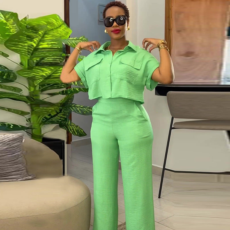 A spring new casual lapel short-sleeved shirt wide-leg trousers fashion suit