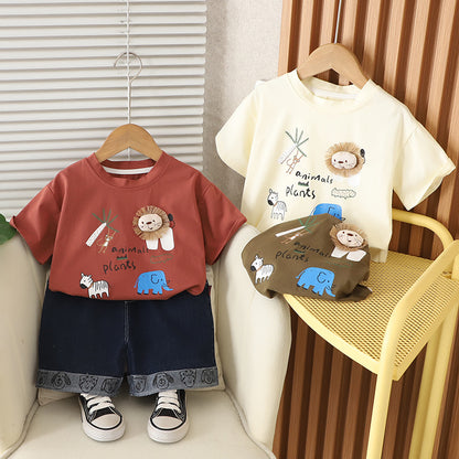 A children's short-sleeved T-shirt set boys and girls summer wear 2025 new loose Korean version cartoon doll top foreign style