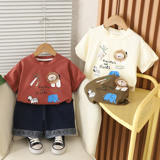 A children's short-sleeved T-shirt set boys and girls summer wear 2025 new loose Korean version cartoon doll top foreign style