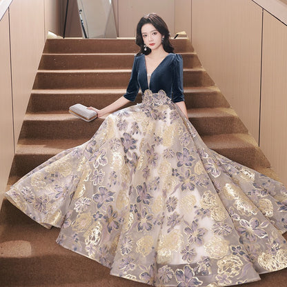 A banquet evening dress V-neck temperament waist long skirt high evening skirt