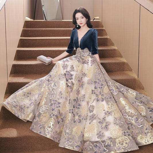 A banquet evening dress V-neck temperament waist long skirt high evening skirt