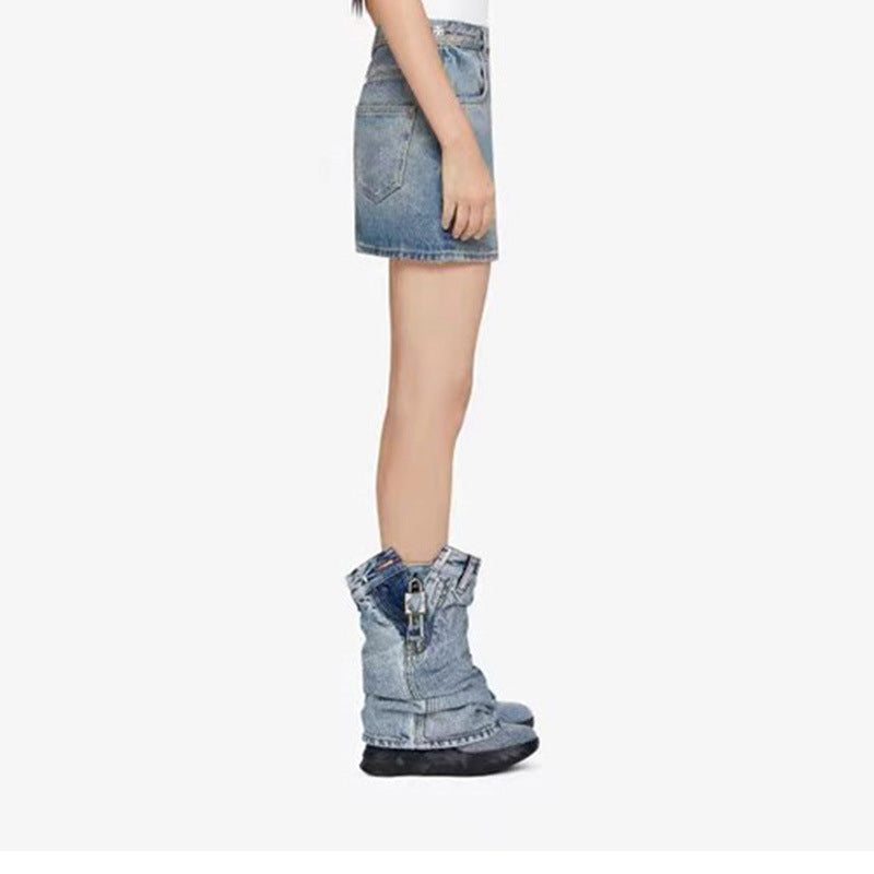 A Round Head Thick Bottom Wedge Heel Black Denim Metal Lock Shark Boots Short Large Size Pants Boots