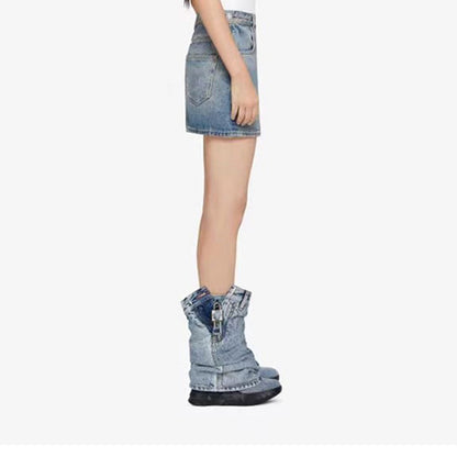 A Round Head Thick Bottom Wedge Heel Black Denim Metal Lock Shark Boots Short Large Size Pants Boots