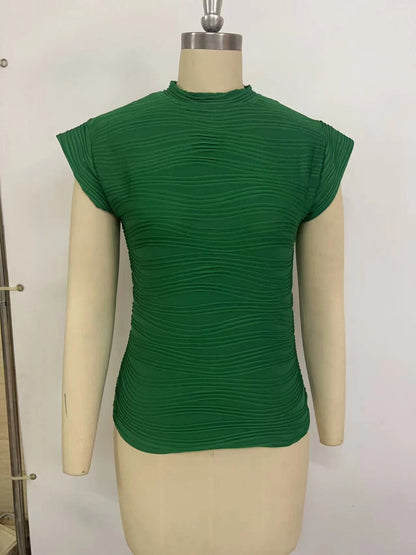 European and American cross-border 2025 Amazon independent station summer new semi-turtleneck textured wavy strip button short-sleeved top - Mixbatch