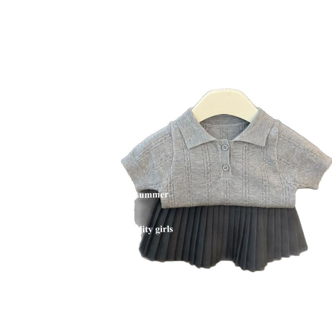 A baby academy style short-sleeved polo needle knitted shirt fashionable pleated skirt set - Mixbatch