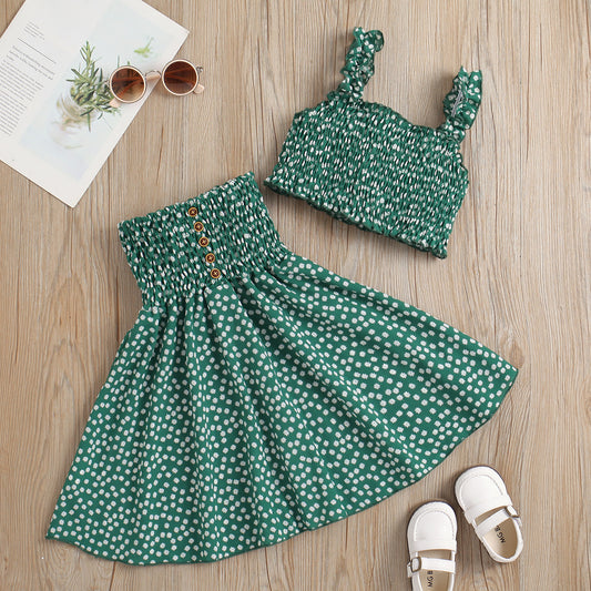 A European and American cross-border new products girls floral sling top + flower printing pleated skirt two-piece set