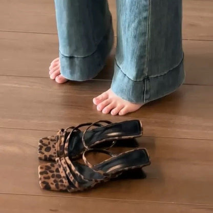 A slope heel leopard print sandals summer wear high heels