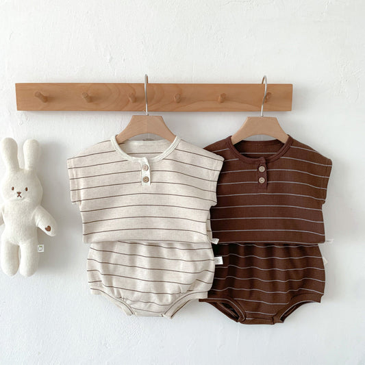 A children's clothing stock INS baby striped waffle set summer short sleeve shorts set for men and women - Mixbatch