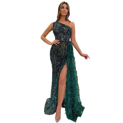 A foreign trade new color sequin fairy long sleeveless fashion slim temperament medium and long evening dress woman