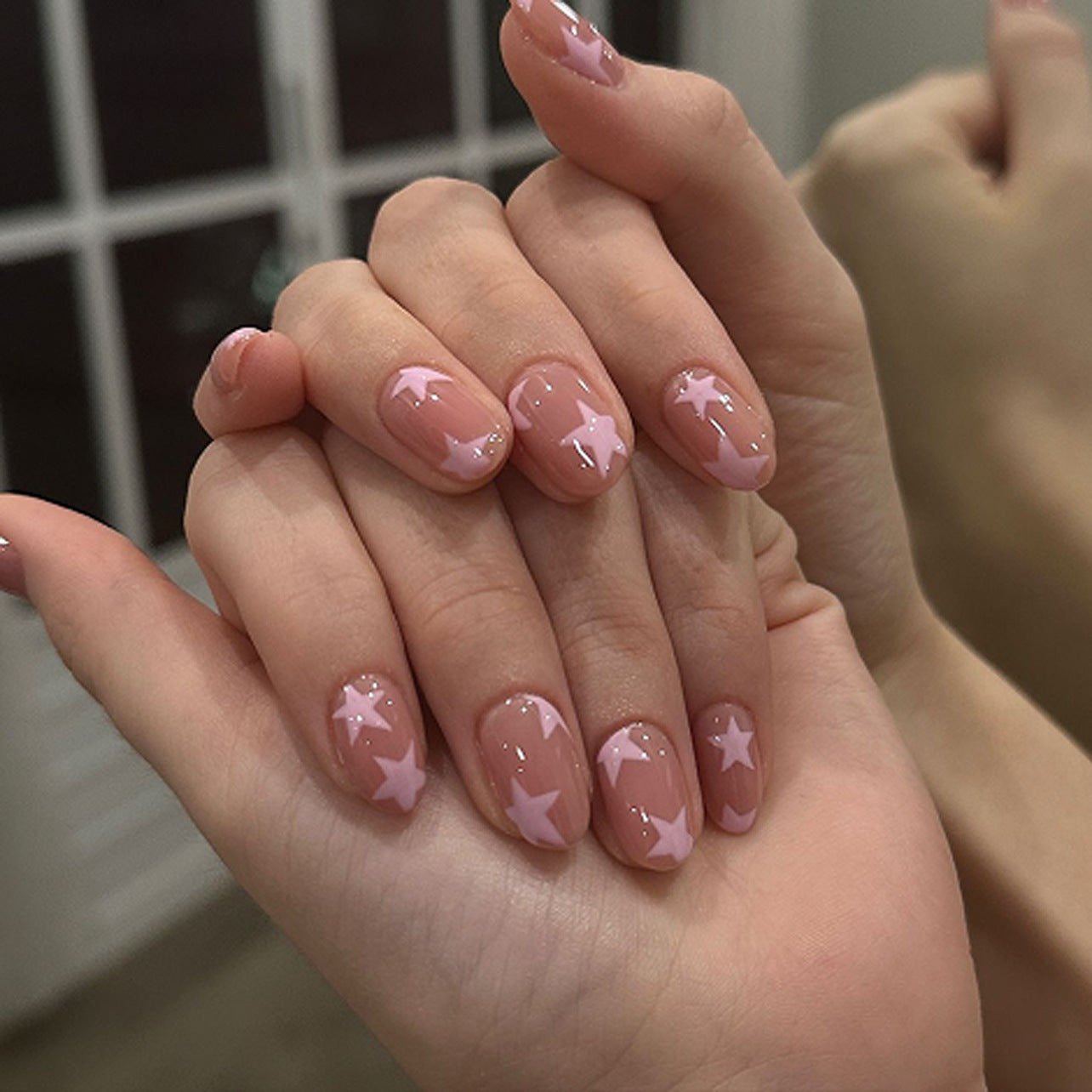 A simple pink star nail art piece short round nail piece finished product wholesale cross-border hot-selling wearing nail fake nail piece - Mixbatch