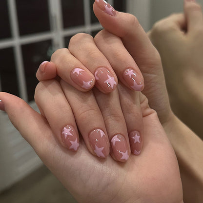 A simple pink star nail art piece short round nail piece finished product wholesale cross-border hot-selling wearing nail fake nail piece - Mixbatch