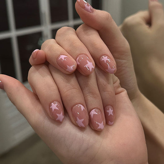 A simple pink star nail art piece short round nail piece finished product wholesale cross-border hot-selling wearing nail fake nail piece - Mixbatch