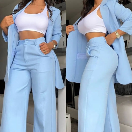 A women's temperament elegant solid color split sleeve lapel suit pocket straight pants suit - Mixbatch
