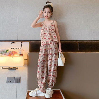 A girls summer suit new girls' older children's foreign style children's sling vest mosquito-proof pants summer two-piece set trendy