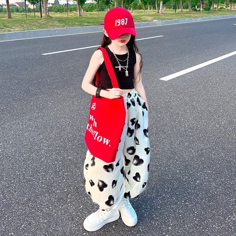 A girls pants summer thin wide-leg pants new summer letter sleeveless top casual pants set foreign trade