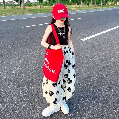 A girls pants summer thin wide-leg pants new summer letter sleeveless top casual pants set foreign trade