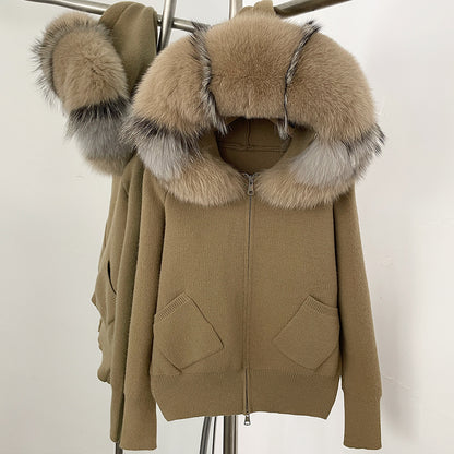 A autumn and winter new knitted sweater women's Korean version removable oversized real fox fur collar hooded knitted cardigan jacket