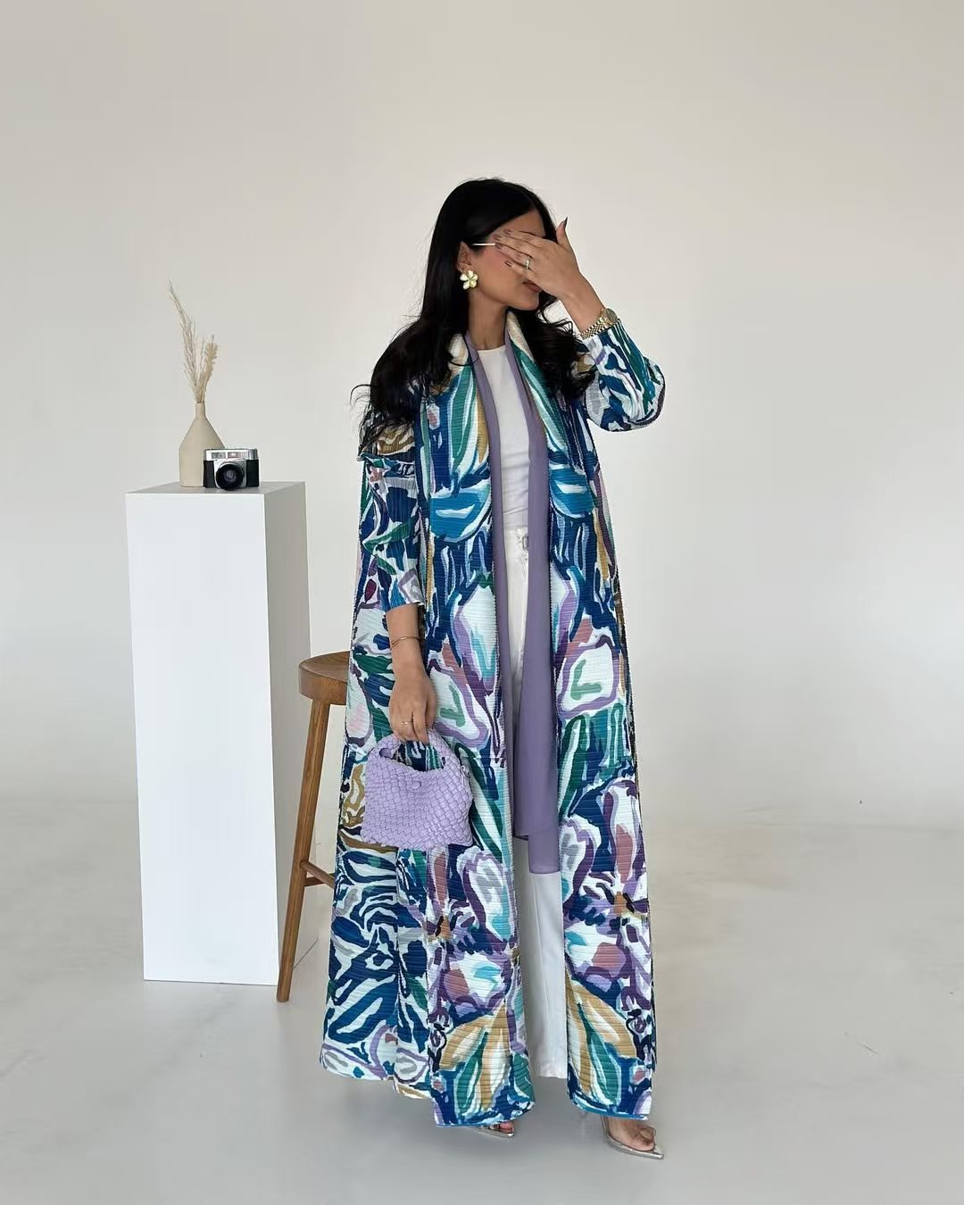 A  Pleated robe print cardigan women's clothing