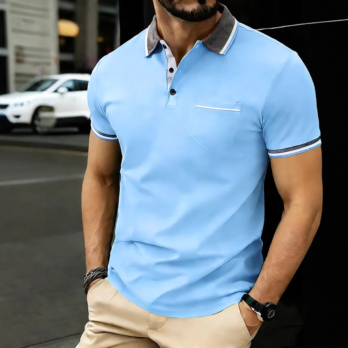 A men's new casual short sleeves; cool and breathable fashion ribbed lapel polo shirt
