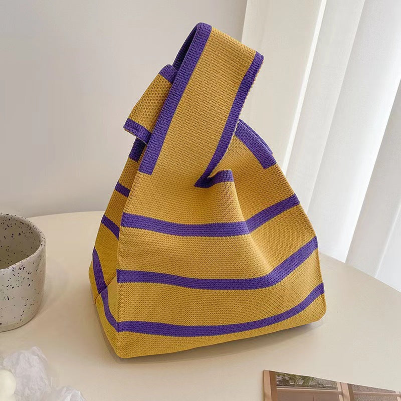A Internet celebrity handbag women's knitted wool bucket bag Japanese and Korean version versatile hand carry casual tote bag box lunch bag y