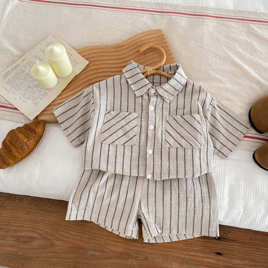 A Children's Korean version retro striped short-sleeved shirt shorts set for babies and boys and girls in summer thin casual trendy clothes - Mixbatch