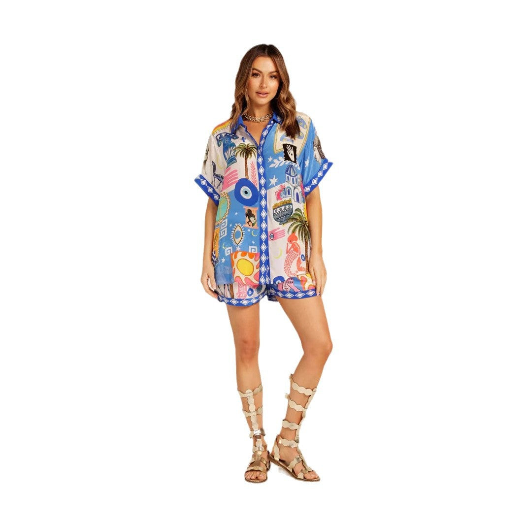 A summer cross-border fashion and casual versatile positioning printed cardigan shirt shorts set 68657