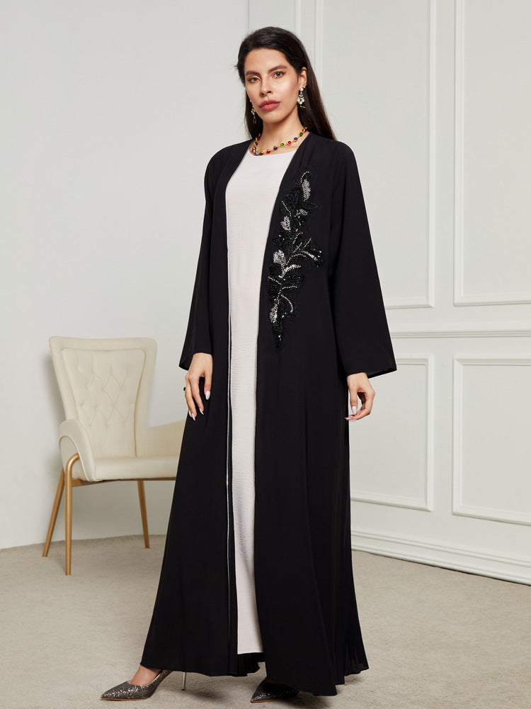 New handmade beaded Middle Eastern Muslim clothing long dress fashionable and elegant cardigan contrasting color dress robe - Mixbatch