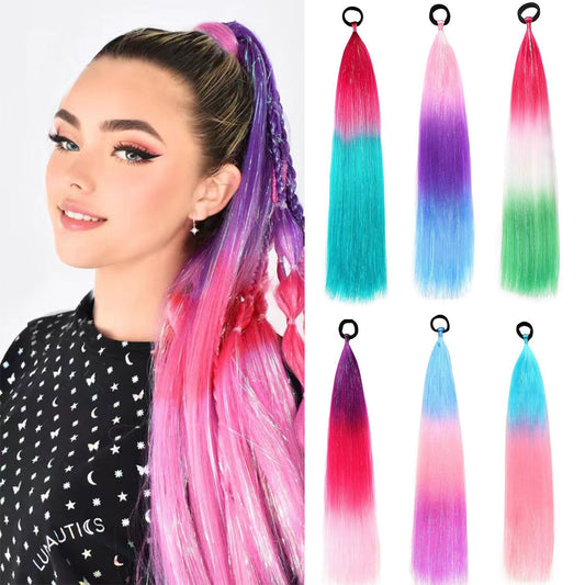A children's color laser silk braided hair dreadlocks gold silk long ponytail hair extension colorful gradual change braid braided hair wig pair - Mixbatch