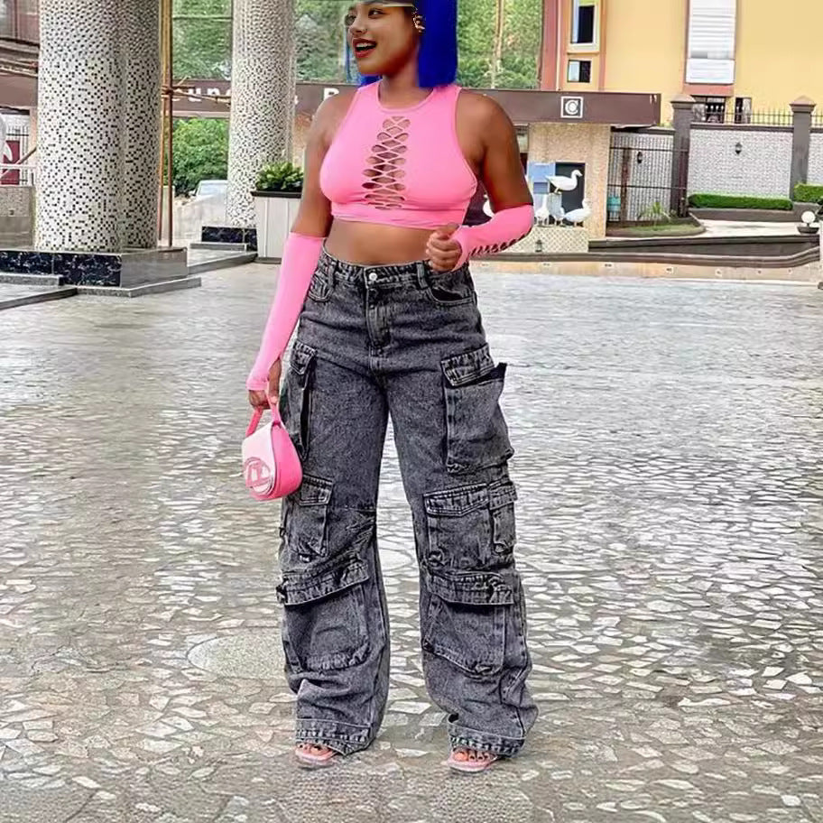 A European and American cross-border jeans, Amazon fashion viral trends multi-pocket large size African jeans overalls