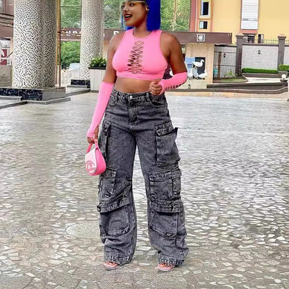 A European and American cross-border jeans, Amazon fashion viral trends multi-pocket large size African jeans overalls