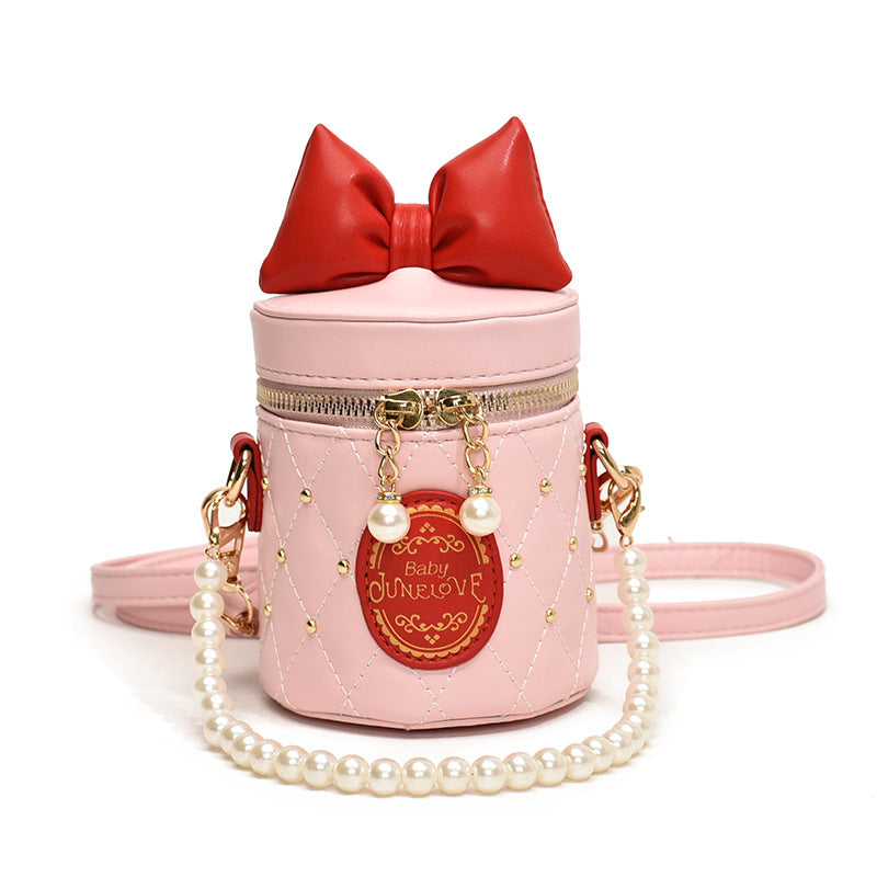 A  children's bag bow bucket bag foreign style girl pearl chain shoulder bag - Mixbatch