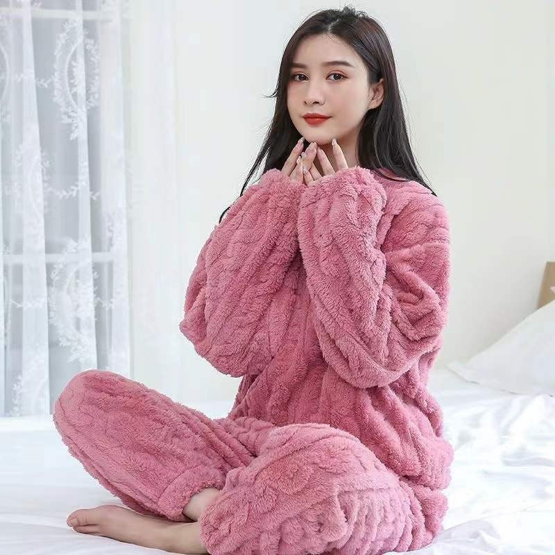A Strictly selected coral fleece pajamas women's autumn and winter jacquard comfortable cotton fleece thickened loungewear two-piece set loose warm suit - Mixbatch