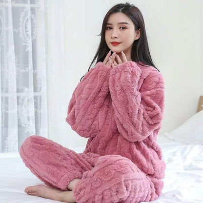 A Strictly selected coral fleece pajamas women's autumn and winter jacquard comfortable cotton fleece thickened loungewear two-piece set loose warm suit - Mixbatch