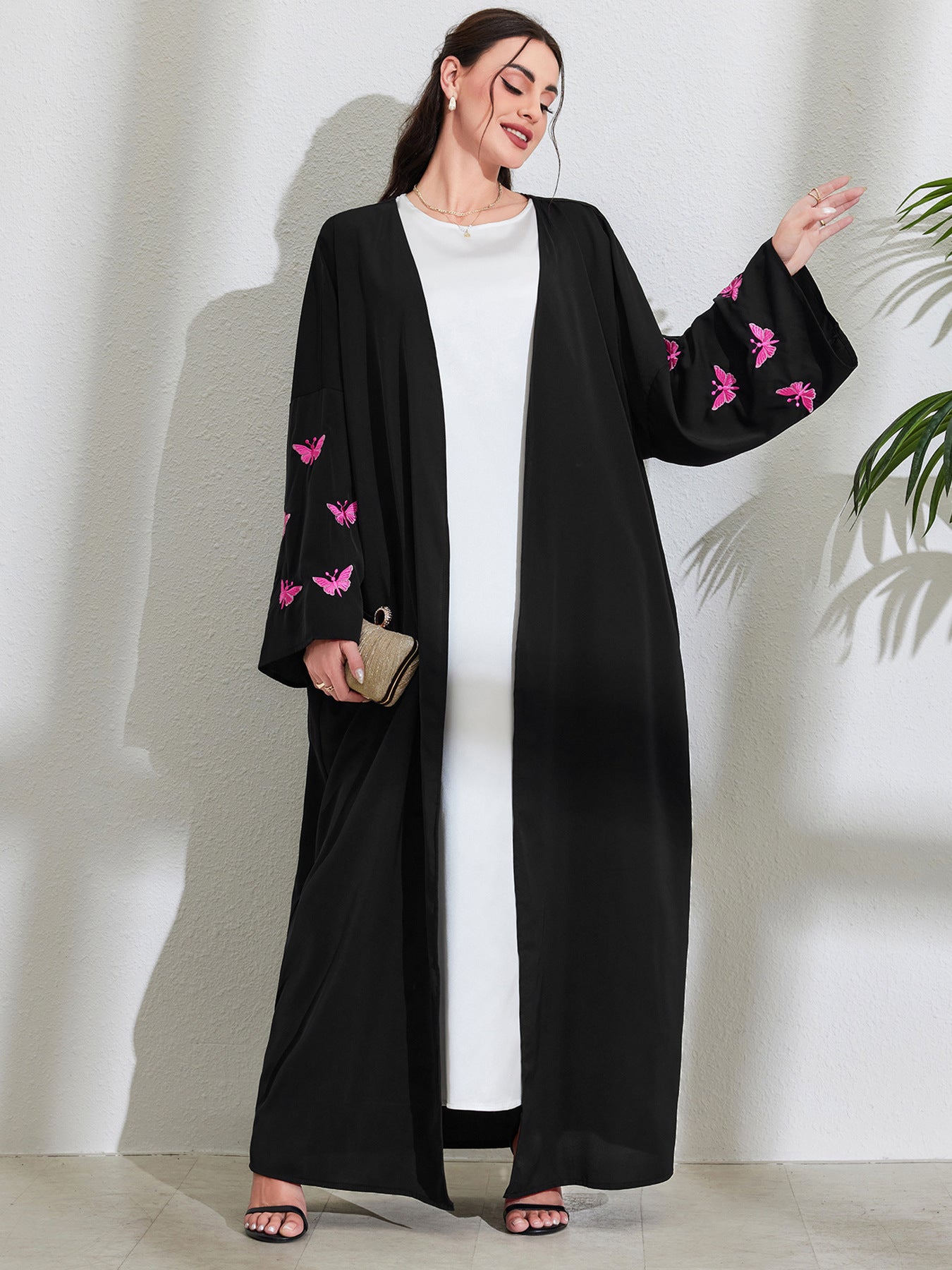 Middle Eastern Muslim Clothing Long Dress Fashion Elegant Cardigan Embroidered Butterfly Dress Robe - Mixbatch