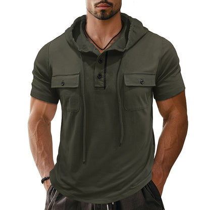 A Men's Outdoor Double Pocket Hat Cord Short Sleeve Henry Undershirt Cross-Border Casual Small Sweater Hooded Top T-Shirt