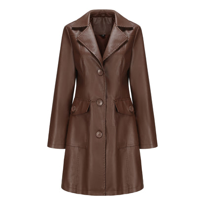 A women's long leather jacket