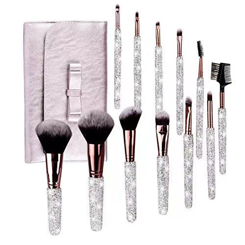 A High-grade diamond-encrusted makeup brush 12-piece set Factory direct sales diamond makeup tool set Loose powder blush makeup brush - Mixbatch