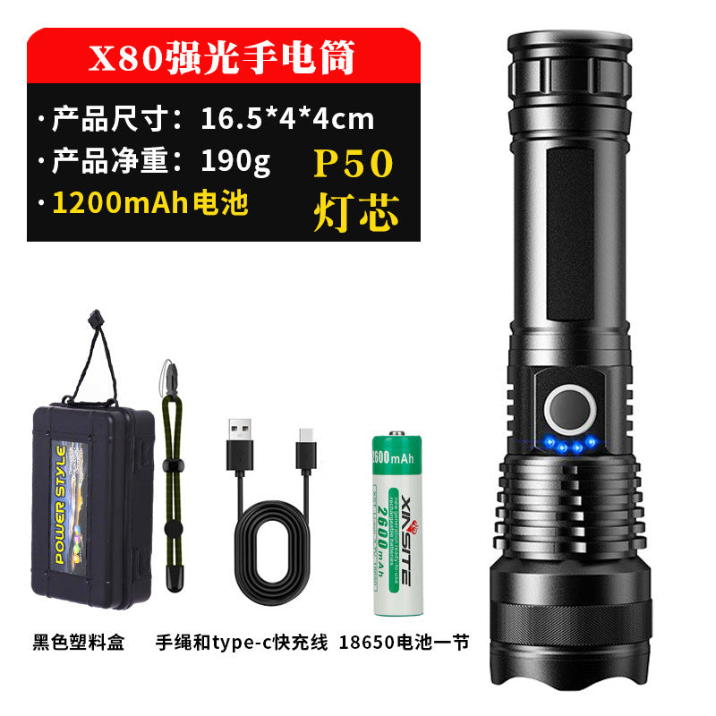A USB flashlight Outdoor aluminum alloy strong light flashlight, new power display flashlight
