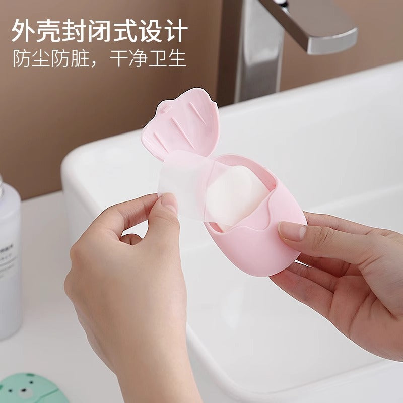 A portable box of disposable soap tablets