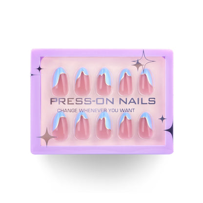 A 30 pieces French blue simple wearing nail advanced feeling coating nail art fake nail cross-border short almond nail piece - Mixbatch