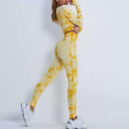 A new seamless yoga suit women's cross-border high-waisted hip-lifting yoga pants tie-dye long-sleeved top fitness sportswear set
