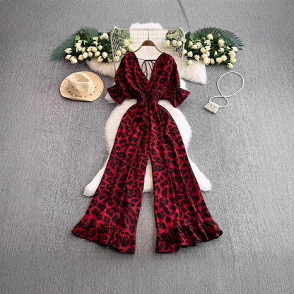 A European and American style sexy V-neck short-sleeved waist and thin leopard print jumpsuit temperament ruffle edge wide-leg pants