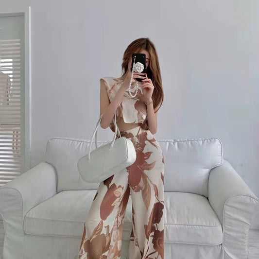 A summer suit women's design sense tie-dye printed sleeveless vest + casual mopping wide-leg two-piece set