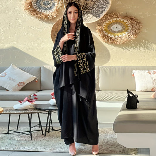 New women's Muslim clothing temperament elegant cardigan robe bat sleeve gold thread embroidered headscarf - Mixbatch