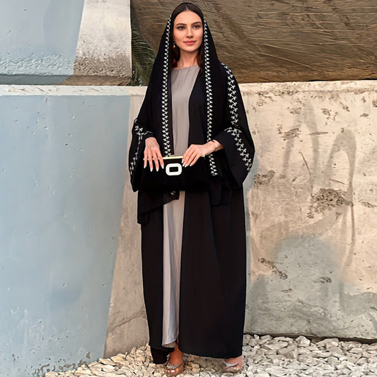 New Muslim fashion temperament elegant cardigan robe bat sleeve embroidered headscarf - Mixbatch