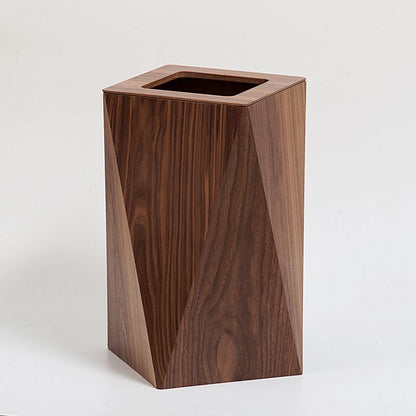A wooden trash can