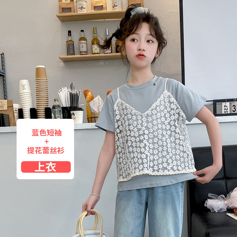 A girls summer suit, new children's foreign style lace short-sleeved top, older children's fashionable jeans two-piece set