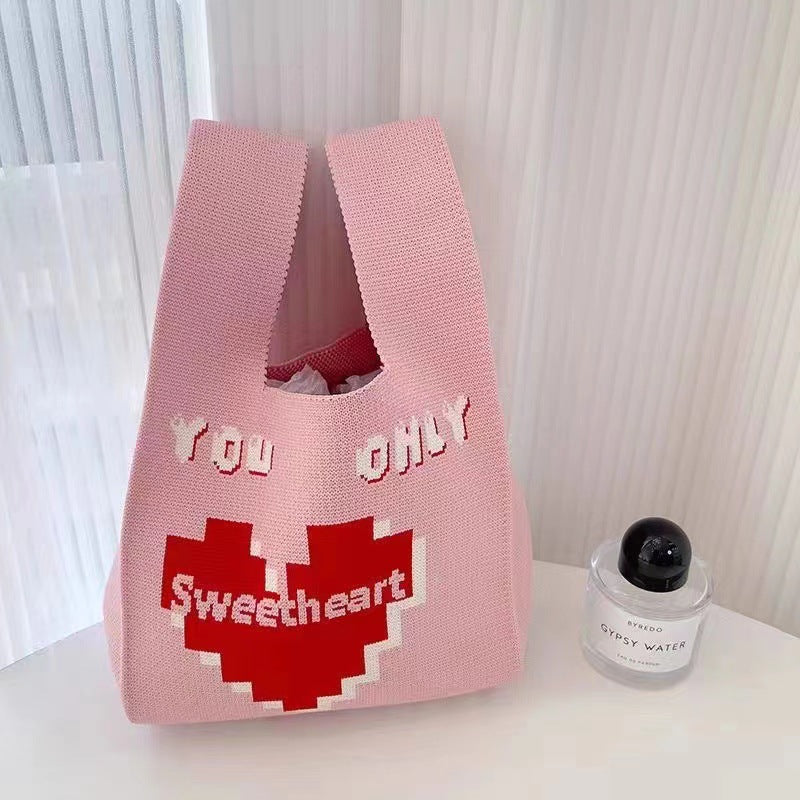 A Internet celebrity handbag women's knitted wool bucket bag Japanese and Korean version versatile hand carry casual tote bag box lunch bag y