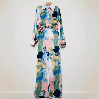 A Women's Retro Geometric Printed Lapel Shirt Two-piece Set + Loose Straight Pants Fashion Set