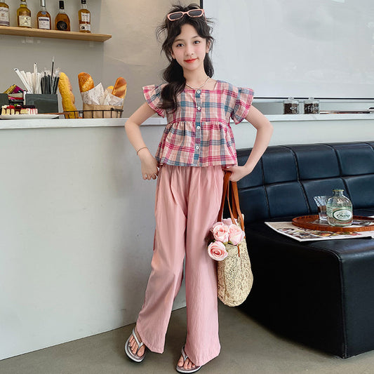 A girls plaid texture solid color set is on the shelves in stock, pink Korean pants set, foreign gas cotton women
